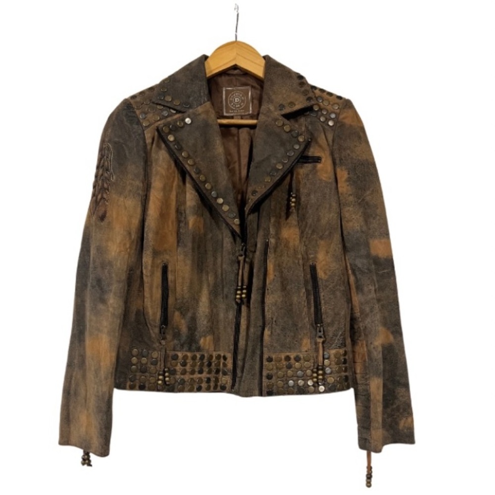 Double D Ranch Leather Biker Jacket steer skull feathers multicolored studs XS